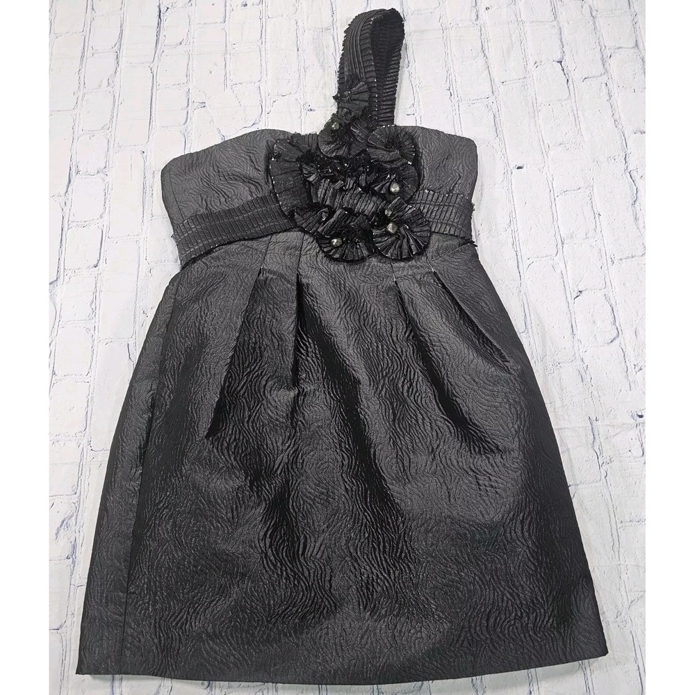 BCBG MAXAZRIA One Shoulder SIZE 10 Gunmetal Black Lined Jacquard Rosette Dress